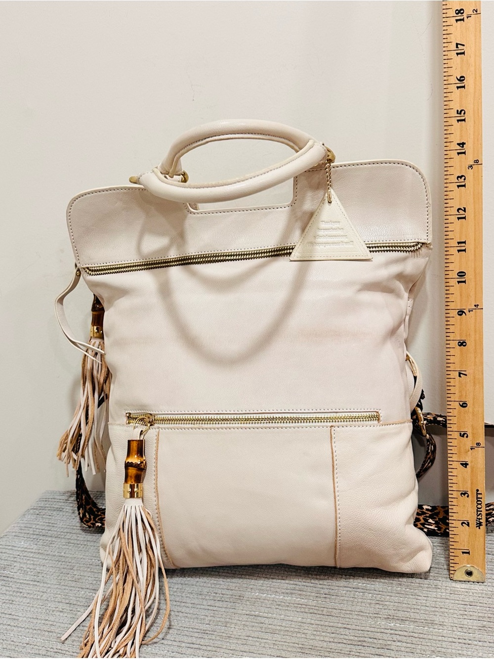 Sorial New York Leather Convertible Backpack Tote Bag Ivory Bamboo Leopard Cream - Picture 5 of 15